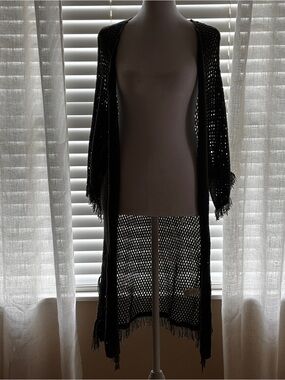 Khaki Green Open Knit Fringe Duster Cardigan Size Small